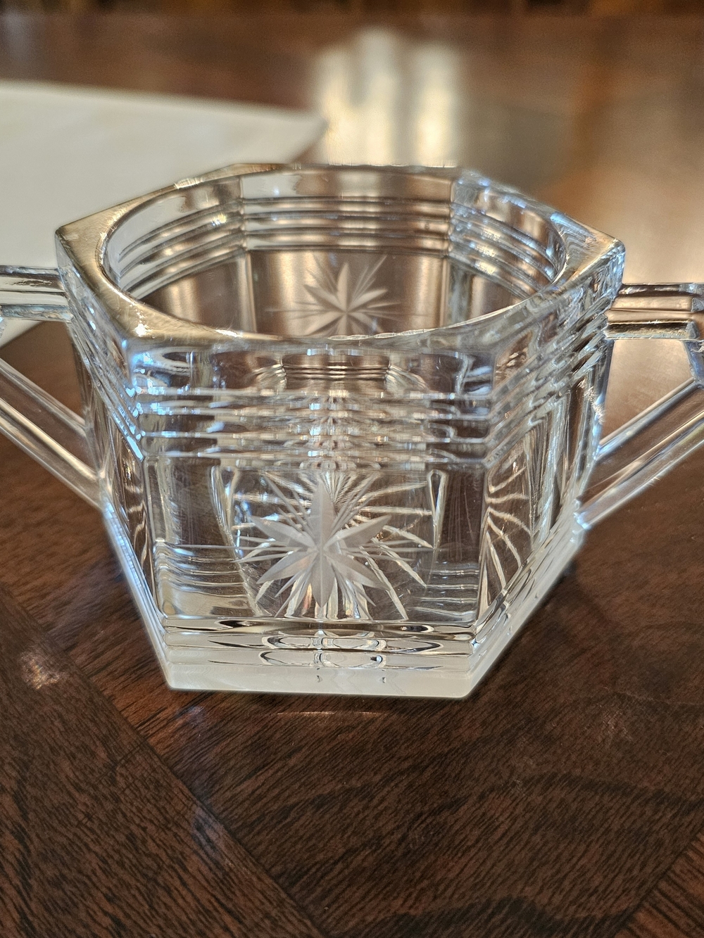 Vintage Heisey Glass Quator Art Deco Hexagon Sugar Bowl Clear Starburst